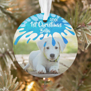 Ornamento Primeiro Natal Puppy Blue Splash Foto de Natal
