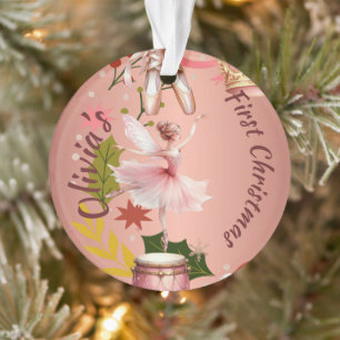 Ornamento Primeiro Natal rosa-balé acrílico