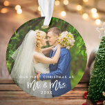 Ornamento Primeiro Natal Sr. Script de Pincel da & Sra. Foto<br><div class="desc">Escova Moderna Escreve o Nosso Primeiro Natal como Sr. Ornamento de Fotografias da & Sra. Wedding - Fotografias da Frente e Trás</div>