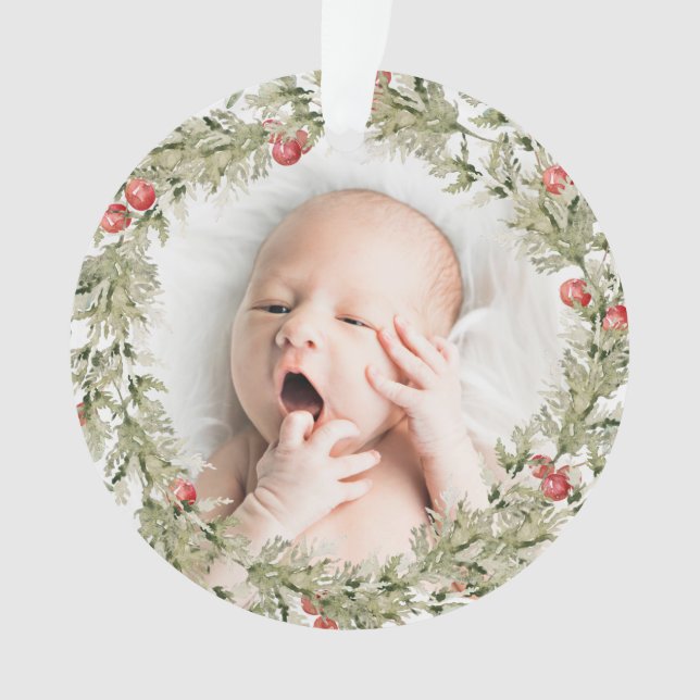Ornamento Primeiro Natal Wreath Baby Photo Ornament (Frente)