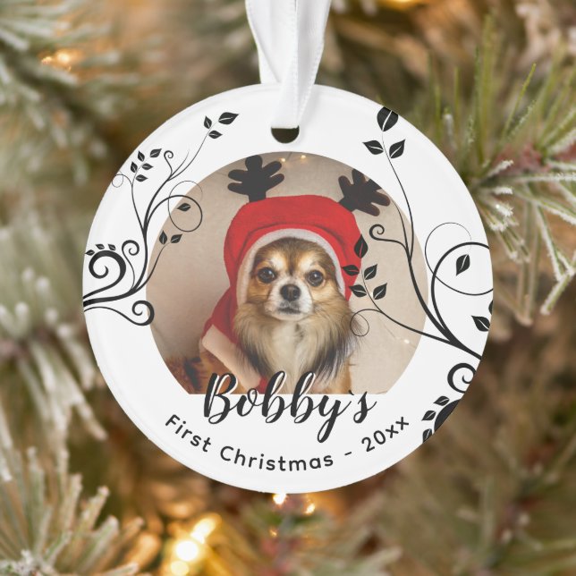 Ornamento Primeiro Puppy Natal Black Foliage Dog Nome Foto (Árvore)
