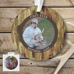 Ornamento PRIMEIRO VEADO Foto Personalizada de Caça Camuflad