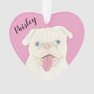 Ornamento Pug Branco de Coração Rosa Personalizado
