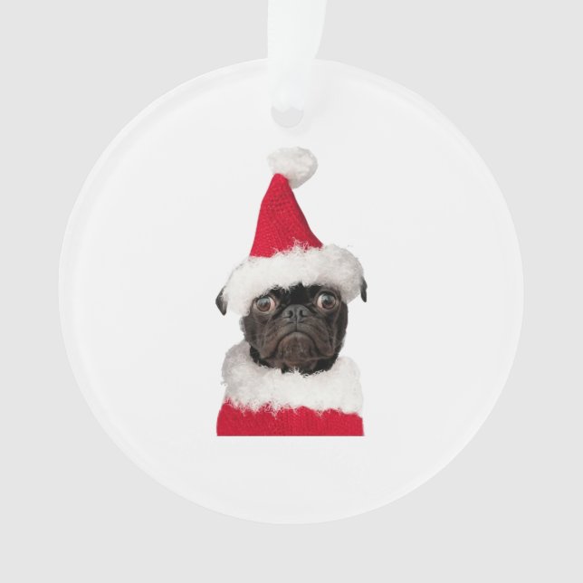 Ornamento Pug preto giro no Natal Santa Hat (Frente)