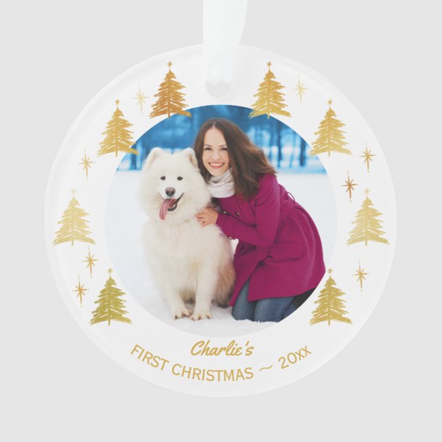 Ornamento Puppy Dog Primeiro Natal Pet Foto White e Dourada (Frente)