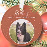Ornamento Puppy First Christmas Border Collie Dog Foto<br><div class="desc">Puppy Primeira Fronteira De Natal,  Collie Dog,  Ornament Fotográfico. Escrito branco de tendência em um fundo laranja escuro com flocos de neve. Foto personalizada em um quadro redondo. Adicione sua foto de cachorro,  nome e ano.</div>