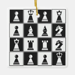 Ornamento Quadrado de Peças de Xadrez Branco Preto