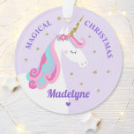 Ornamento Rainbow Unicorn Magical Christmas Purple<br><div class="desc">This personalized unicorn ornament features a cute whimsical rainbow unicorn design with flowers an faux gold glitter stars. Personalize it with a name.</div>