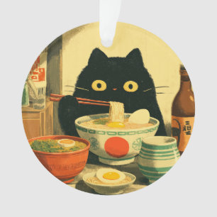 Ornamento Ramen Comendo Gato Negro Engraçado