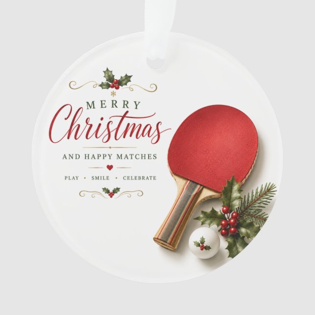 Ornamento Raquete de Ping Pong e bola com tema de Natal (Frente)