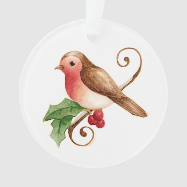Ornamento Red Breast Robin com Holly Ornament (Frente)