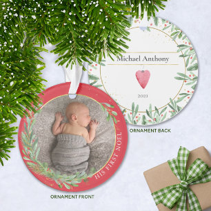Ornamento Red "First Noel" Foto de Natal Greenery Baby