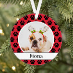 Ornamento Red Pet Paw Imprime Foto de Nome de Cão Personaliz<br><div class="desc">Encontrem seus lindos membros peludos da família na sua árvore de Natal! Este design de ornamento com padrão de impressão de pata festiva apresenta um moderno design de monograma que pode ser personalizado com o nome do seu cão (ou gato) e sua foto. Vermelho e branco com estampas pretas. Dica...</div>
