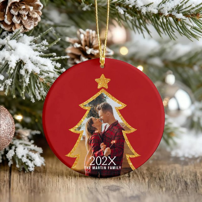 Ornamento Red Shiny Christmas Tree Personalized Photo (Criador carregado)