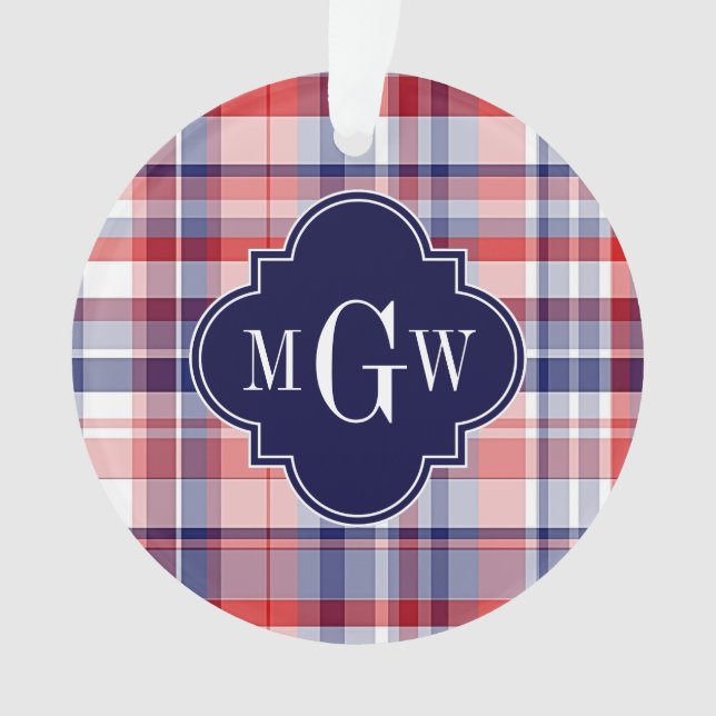 Ornamento Red White Blue Preppy Madras Monograma (Frente)
