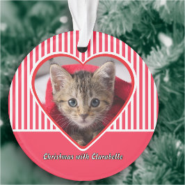 Ornamento Red & White Stripes Custom Cat Photo Heart Holiday