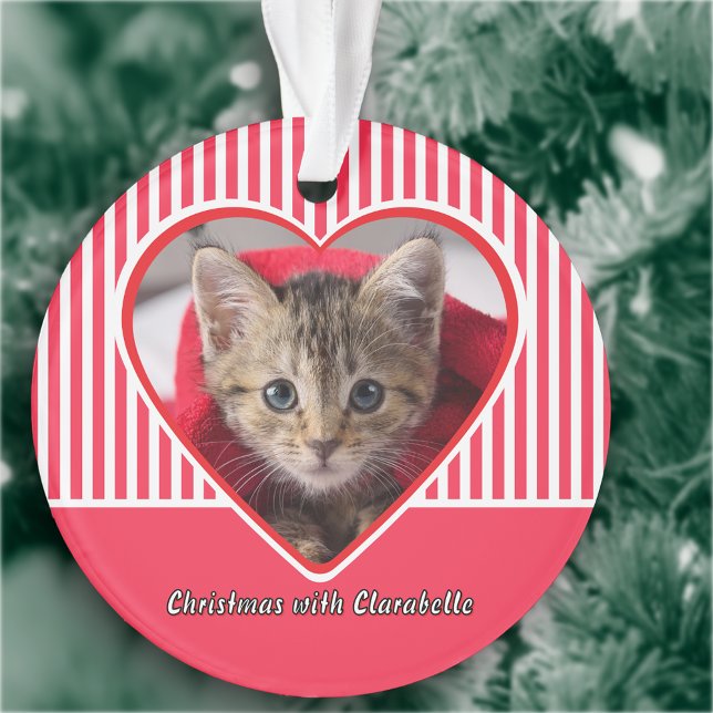 Ornamento Red & White Stripes Custom Cat Photo Heart Holiday (Criador carregado)