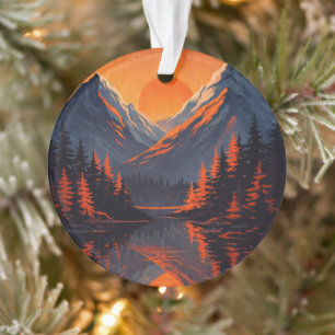 Ornamento Reflexo do Pôr do Sol na Montanha com Céu Laranja