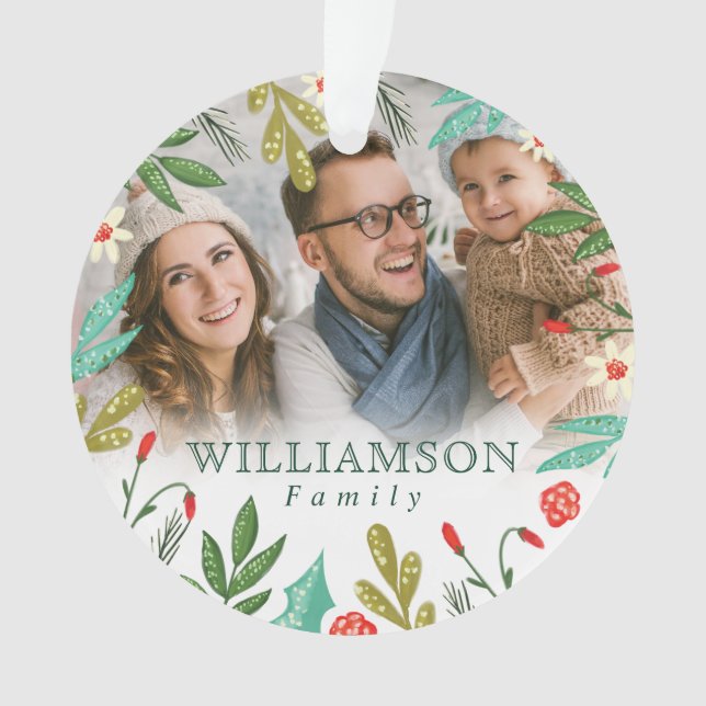 Ornamento Reindeer & Festivo Florals Monograma Foto (Frente)