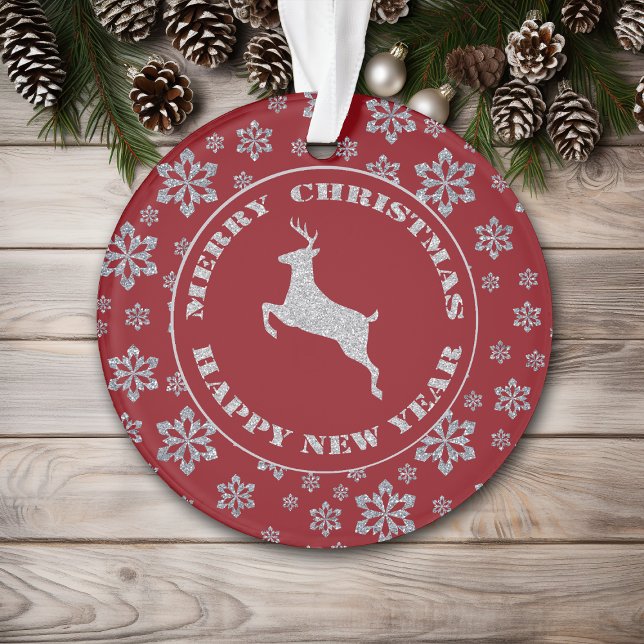 Ornamento Reindeer Red Silver Snowflake Personalizado (Criador carregado)