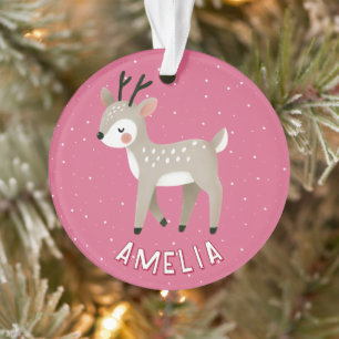 Ornamento Rena Rosa Fofa Nome da Criança Natal