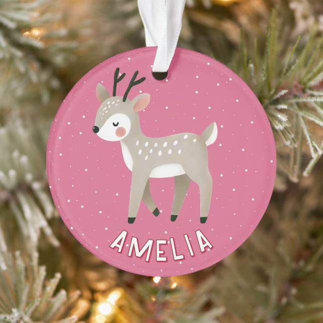 Ornamento Rena Rosa Fofa Nome da Criança Natal (Árvore)