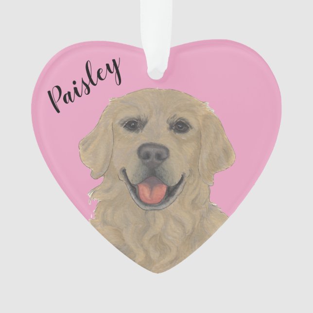 Ornamento Retriever de Ouro de Coração Rosa Personalizado (Frente)