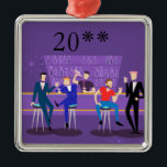Ornamento retro do bar alegre<br><div class="desc">Este design retro customizável do ornamento do bar alegre é roxo, kitschy, e totalmente fabuloso! Sentando-se nos barstools modernos do meio século, bebendo seu divertimento, as bebidas cor-de-rosa, estes cavalheiros dapper estão tendo tempo de um ol alegre'. O barman hunky com um bowtie cor-de-rosa já está derramando a seguinte rodada....</div>
