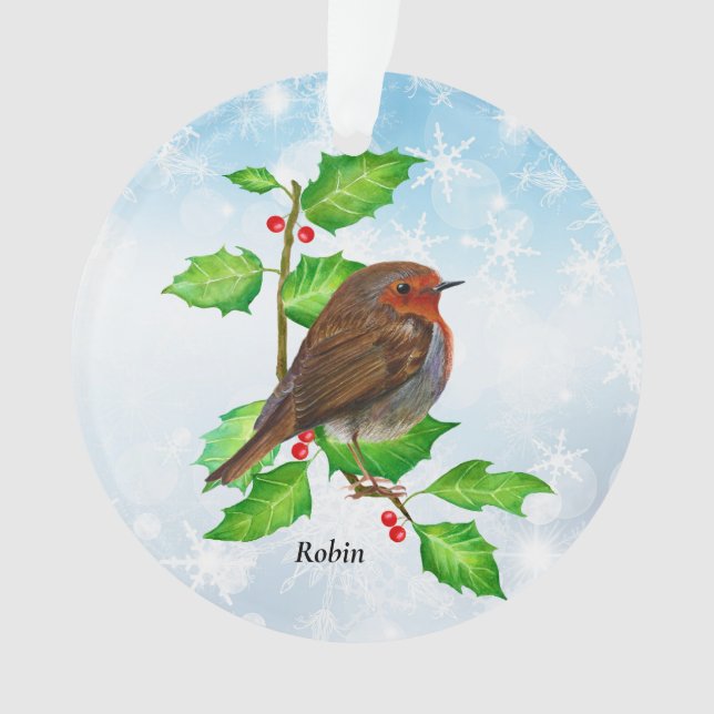 Ornamento Robin Bird na pintura Holly Watercolor (Frente)