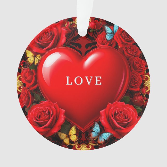 Ornamento Romantic Red Heart Framed by Roses and Butterflies (Frente)