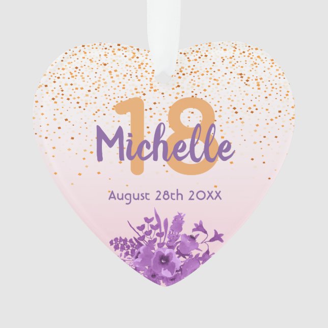 Ornamento rosa de 18 anos flores roxas de confetti (Frente)