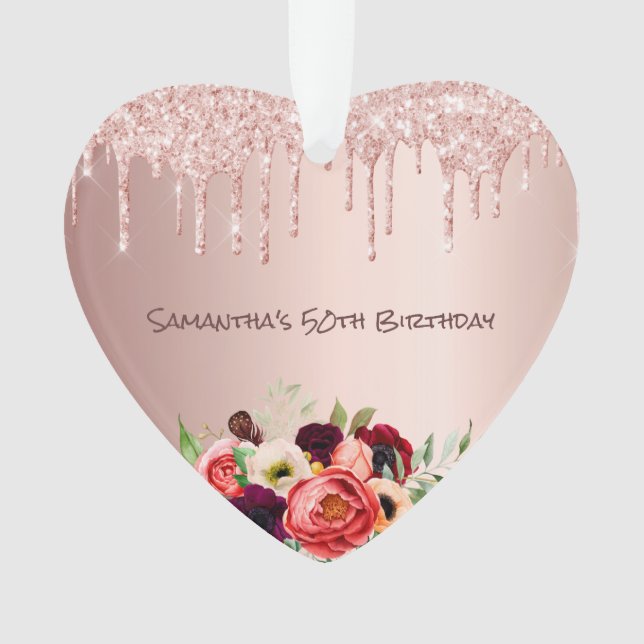 Ornamento rosa de 50 anos dourado goteja floral rosa (Frente)