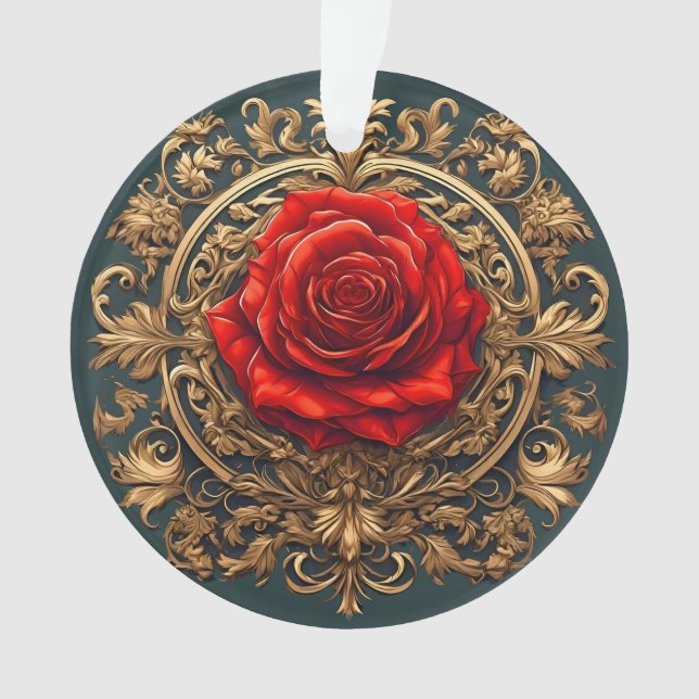 Ornamento 🌹 Rosa Vermelha Barroca Dourada Presente Luxuoso  (Frente)