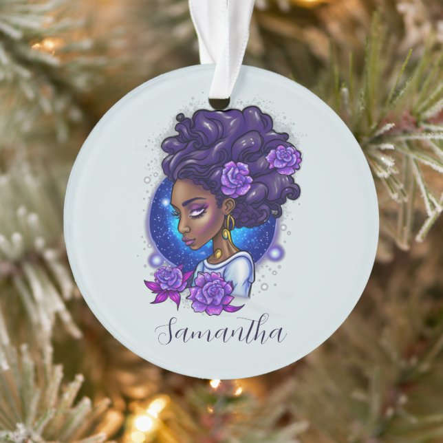 Ornamento Rosas Roxos Elegantes Afro Mulher (Árvore)