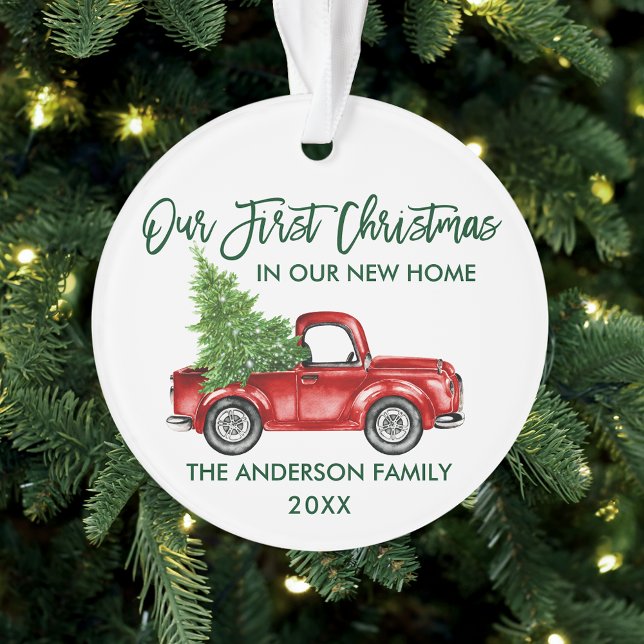 Ornamento Roteiro de Pincel Verde Primeiro Natal Novo Caminh (Customize your personalized text size or color on front and back.)
