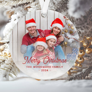 Ornamento Roteiro Vermelho de Foto da Família Feliz Natal