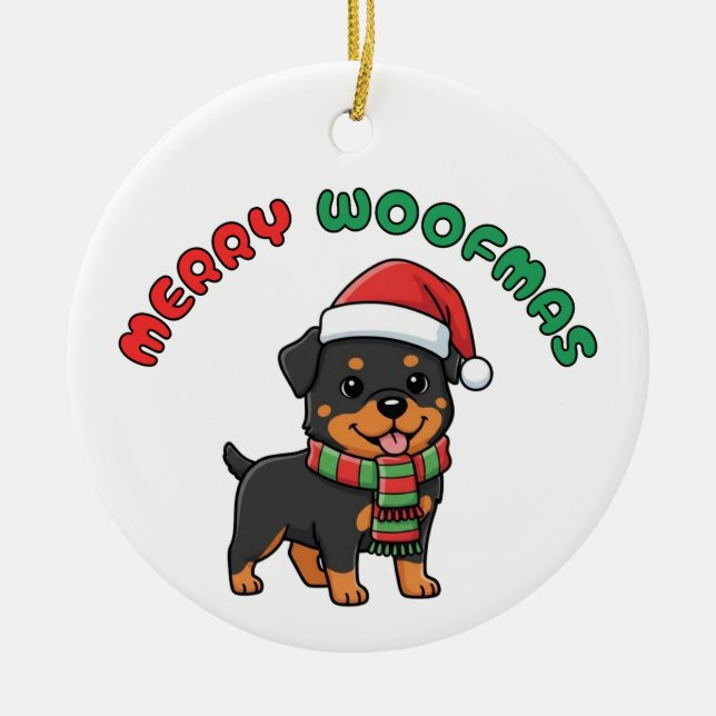 Ornamento Rottweiler de Natal: Feliz Woofmas (Frente)