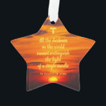 Ornamento Rua Francis cita Franciscan Tau Cross Sunset<br><div class="desc">2 Ruas Francis cita com uma cruz franciscana tau e uma fotografia do pôr do sol bonito. Design frontal e traseira. Personalizar com quaisquer cotações/autores.</div>