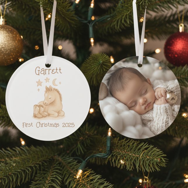 Ornamento Rustic Baby's First Christmas Photo Keepsake (Personalized baby's first Christmas photo ornament)