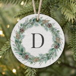 Ornamento Rústica Cinza de inverno Monograma Wreath Madeira<br><div class="desc">O elegante design de decoração redondo de "Feliz Natal" em acrílico apresenta um fundo de grãos de madeira branca rústico em forma de chic, com uma coroa de água de inverno, enquadrando um primeiro ou sobrenome de monograma inicial. Personalize a formulação moderna e na moda verde e cinza de carvão...</div>