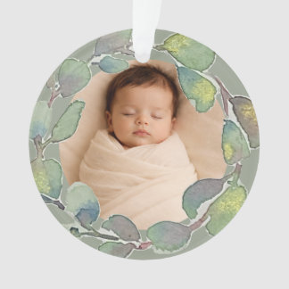 Ornamento Sage Personalizado Foto de Bebê Eucalipto Aquarela