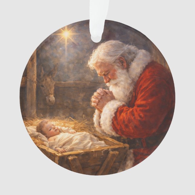 Ornamento Santa Kneeling at the Manger Nativity (Frente)