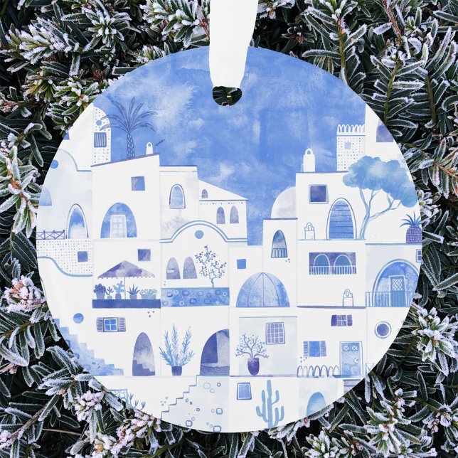 Ornamento Santorini Grécia Watercolor (Santorini Greece blue and white watercolor art Christmas ornament)