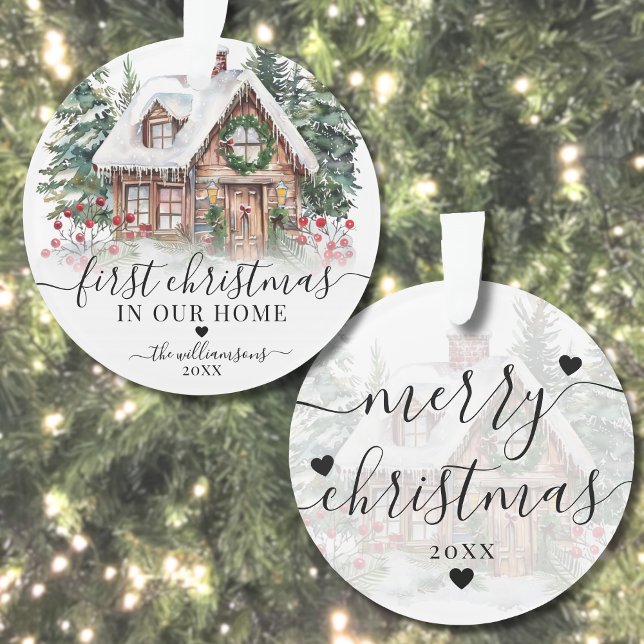Ornamento Script Elegante Primeiro Natal Nova Casa (Elegant Script First Christmas New Home Ornament )