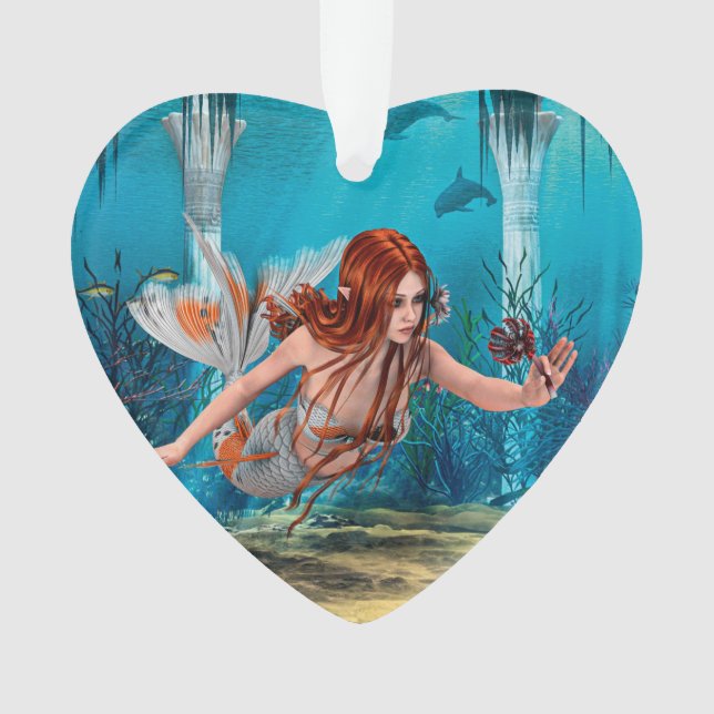 Ornamento Sereia de Cabelo Vermelho Arte de Fantasia Subaquá (Frente)