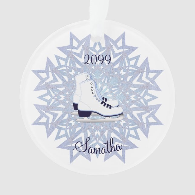 Ornamento Skates de gelo branco azul no floco de neve azul (Frente)