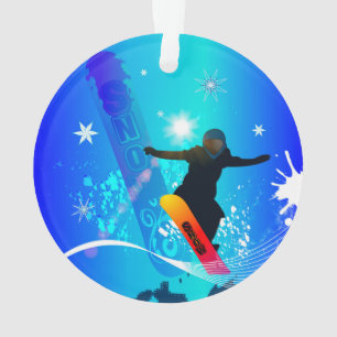 Ornamento Snowboarding, snowboarder com o conselho no backg