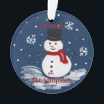 Ornamento Snowman, pintado à mão, PERSONALIZE Round<br><div class="desc">Cartões de natal de Trabalho de arte pintado com mão. Personalize com sua mensagem. Personalize ou personalize este design. Muitos produtos de coordenação disponíveis. Eu adoro pintura e design! Espero que goste da minha trabalho de arte.</div>