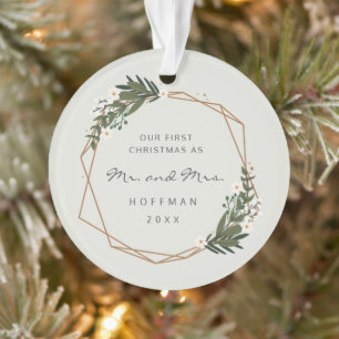 Ornamento Sr. e Sra. Geométrica Foto Nosso Primeiro Natal