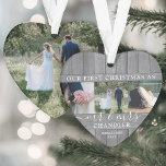 Ornamento Sr. & Sra. 4 Foto Primeira Cinza de Natal Faux Woo<br><div class="desc">Celebrar um feliz feriado de 1rua como um casal casado com uma colagem personalizada de 4 fotos "Nosso Primeiro Natal como Sr. & Sra." ornamento acrílico em forma de coração. Todo texto e imagens neste modelo são simples de personalizar. (DICA DE IMAGEM: Uma maneira fácil de centralizar uma foto exatamente...</div>